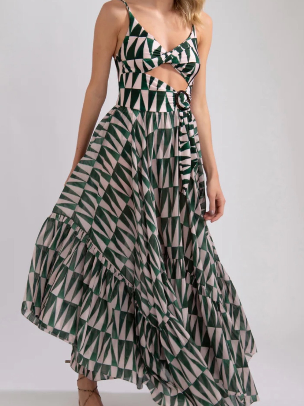 Patbo Geometric Print Green And Cream Maxi Beach Dress